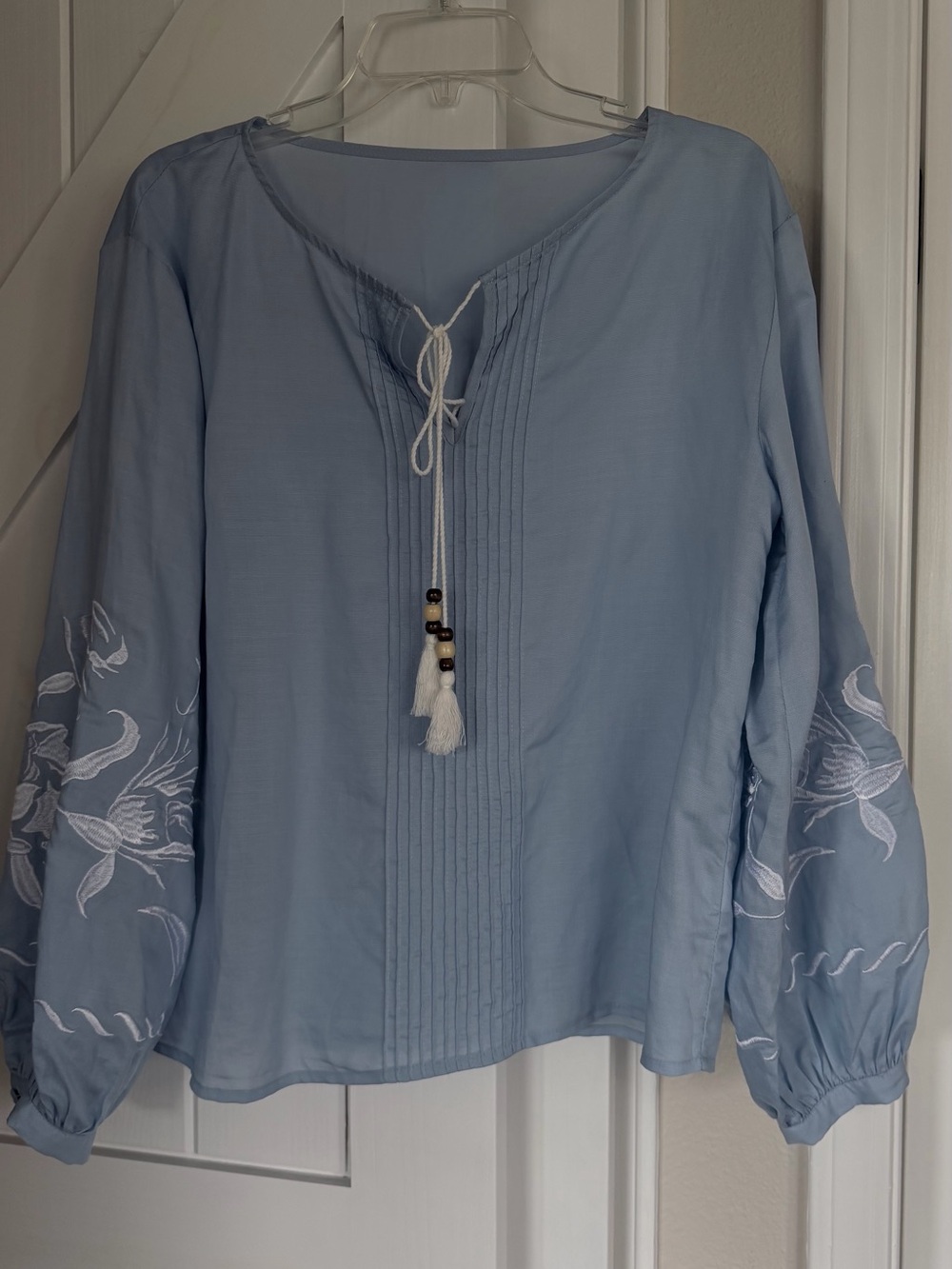 Light Blue Embroidered Peasant Blouse with Tassel Tie